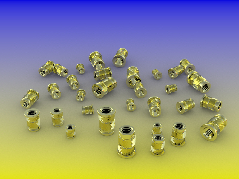 塑料加热或超声波安装用金属（黄铜）嵌件，带法兰接头和反向人字纹。各种螺纹尺寸M3、M3.5、M4、M5和M6